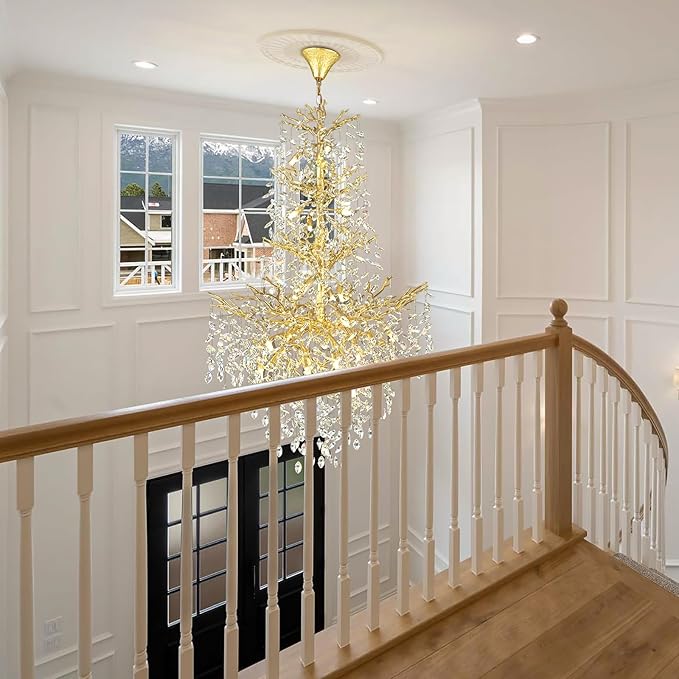 H61'' Modern Gold K9 Crystal High Ceiling Chandeliers, 23-Lights Staircase Chandeliers,Luxury Large Crystal Tree Branch Chandelier, D40'' Foyer Chandelier,For Living Room,Entryway,Dining Room