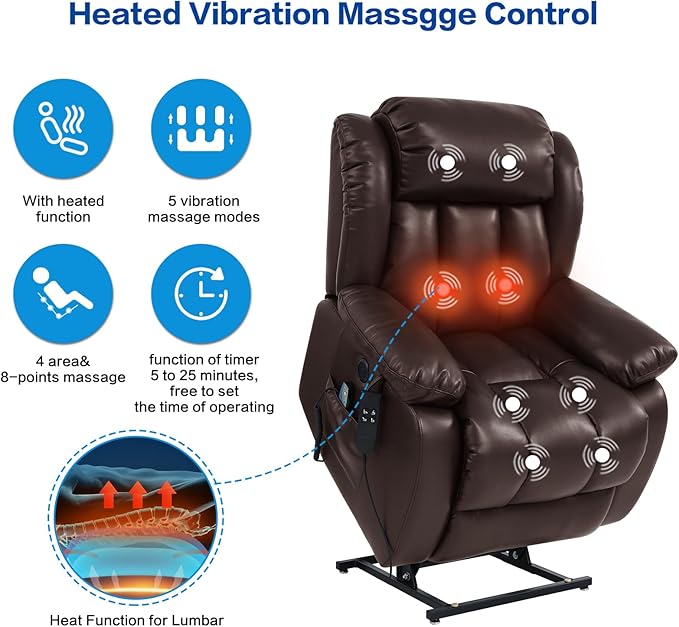 MAEVIS Power Recliner Chair, Lay Flat Sleeping Lift Chairs Recliner for Elderly with Heat and Massage,Comfy Real Breathable Leather Recliners with Dual OKIN Motor for Living Room (Brown)