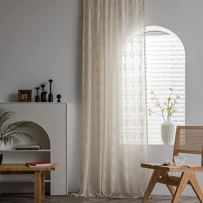 Sutuo Home Boho Kitchen Curtains Crochet Florals Embroidery, Bohemian Sheer Lace Curtains Handmade Knitted Tassels Vintage Chic Farmhouse Drape for Nursery Bedroom Rod Pocket 1 Panel 59" W x 63" L