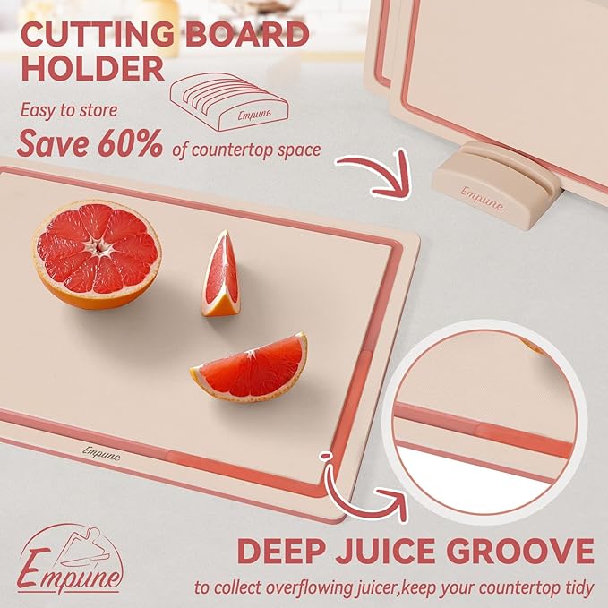 Empune Plastic Cutting Board Set, Recycled Plastic Cutting Boards for Kitchen (Set of 3), Dishwasher Safe Large Chopping Board with Holder, Non-slip Feet and Juice Grooves, Nonporous, Pink