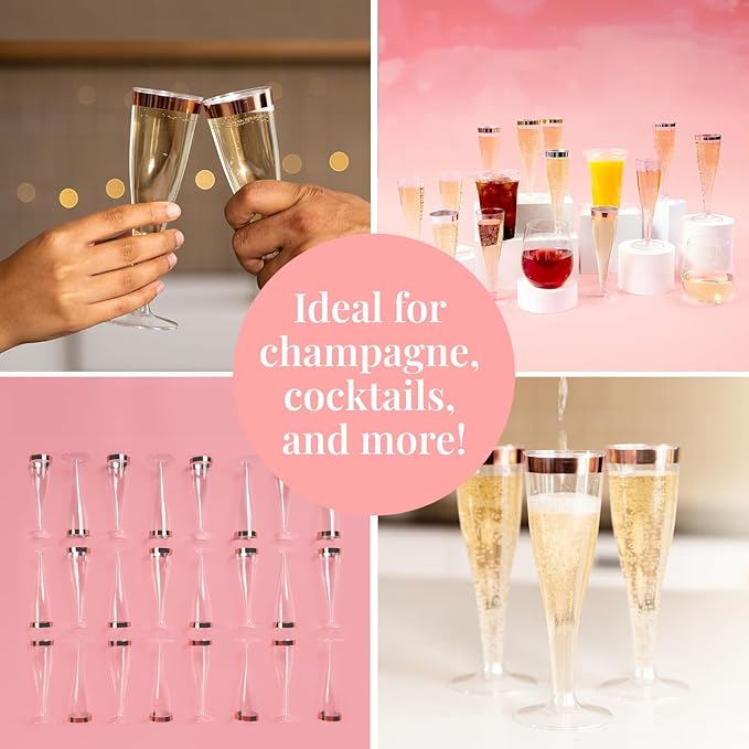 Prestee Set of 24 Plastic Champagne Flutes with Rose Gold Rim - 4.5 oz - Shatterproof Disposable Glasses - Elegant Design - Ideal for Weddings, Cocktail Parties, and Outdoor Celebrations