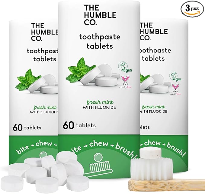 The Humble Co. Mint Toothpaste Tablets, 3 PK – Anticavity Fluoride Toothpaste Tablets with All Natural Ingredients, Dentist Developed Formula - Vegan, SLS Free, Plastic Free (Mint, 180 Count)