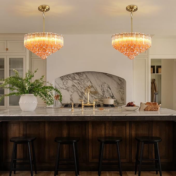 Modern Amber Glass Chandelier, 14" Round Crystal Dining Room Pendant Light Chandelier, Luxury Brass Hanging Fixture for Bedroom, Gold Kitchen Island Light, Dimmable Small Ceiling Lighting Chandeliers