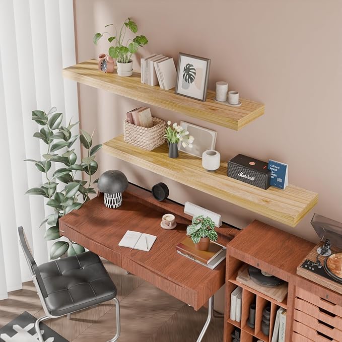 IAE Floating Wall Shelves 55 inch,Bathroom Shelves Wall Mounted,Invisible Shelves Floating Kitchen Shelves,Wooden Wall Shelves with Brackets for Living Room Wall Mounted,Easy Install,Set of 2,Natural