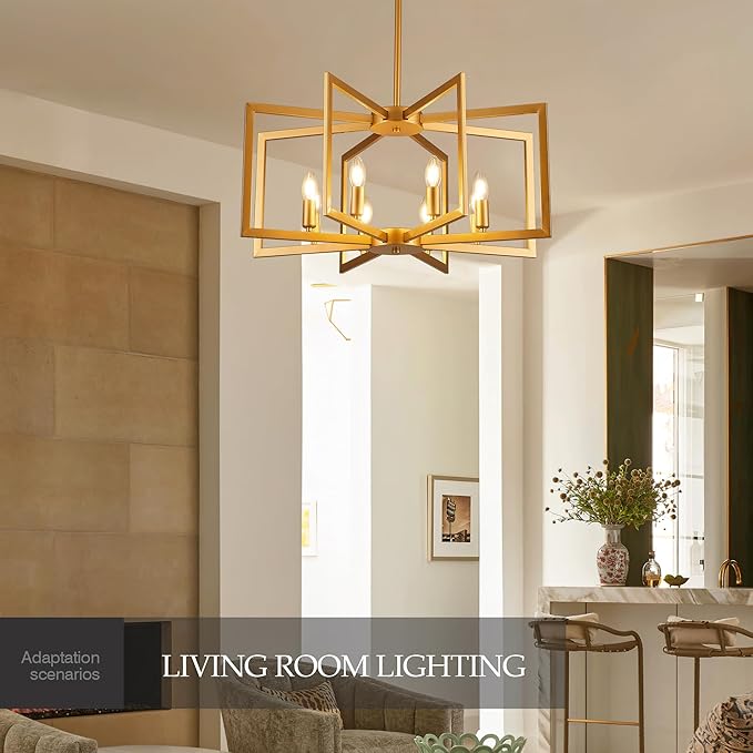 Modern Farmhouse Gold Chandeliers for Dining Room, 8-Light Industrial Metal Chandeliers Geometric Pendant Lights Kitchen Island for Entryway Stairway Foyer Hallway