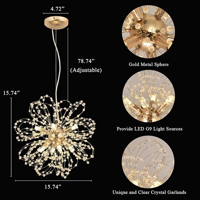 Modern Gold Chandelier Crystals, Sputnik Sunflower Beaded Hanging Lamp, Small Dandelion Pendant Light Fixtures for Kitchen Island Dining Room Bedroom Entryway (Gold 8Lights)