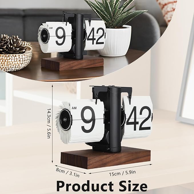 Flip Desk Clock, Retro Vintage Flip Desk Table Clock, Digital Sided Large Numbers Mechanical Flip Clock Wood Base for Living Room, Study Room and Office（Black）