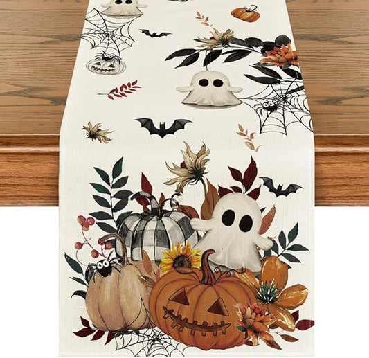 Artoid Mode Pumpkin Ghost Leaves Spider Web 210 GSM Halloween Table Runner, Spooky Kitchen Dining Table Decoration for Home Party Decor 13x36 Inch