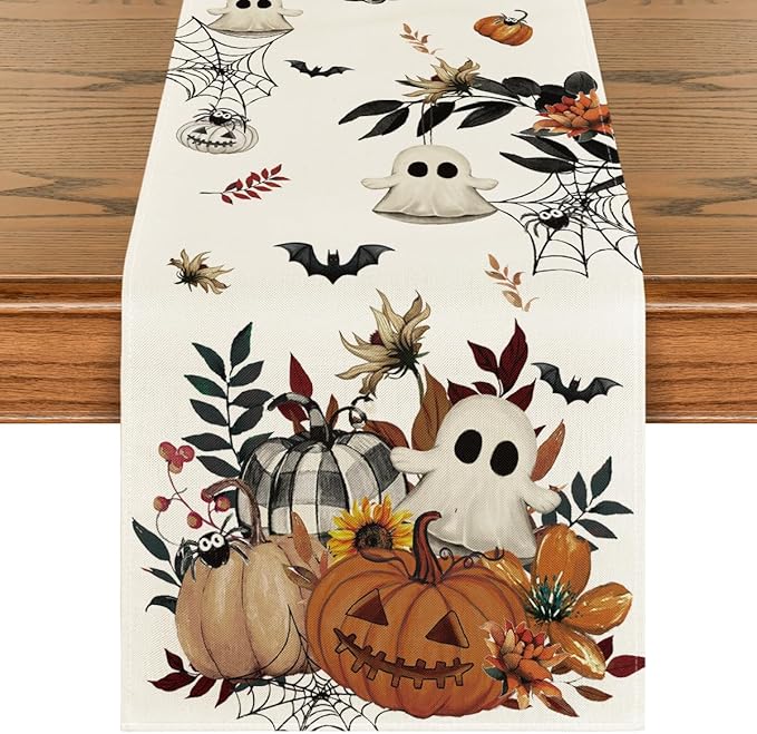 Artoid Mode Pumpkin Ghost Leaves Spider Web 210 GSM Halloween Table Runner, Spooky Kitchen Dining Table Decoration for Home Party Decor 13x48 Inch