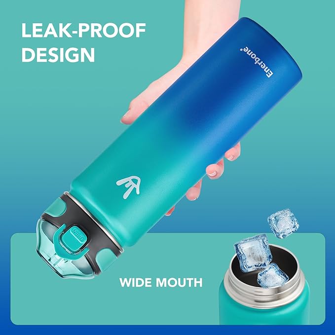 Enerbone 24 oz Insulated Water Bottle, Stainless Steel Bottle with Carrying Strap, Double-Wall Vacuum Insulation Design, Leakproof Sports Bottle with Straw, Keep Drinks Cold or Hot for Hours