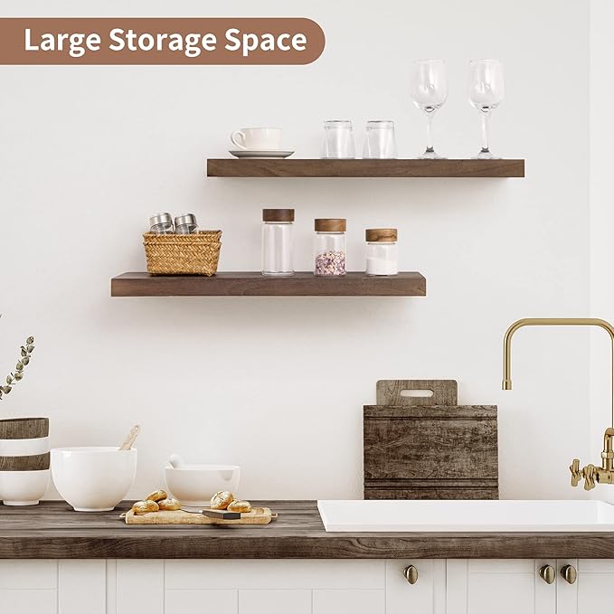 Axeman Floating Shelves for Wall, 24''W x 8'' D Rustic Solid Elm Wood Shelves for Storage, Wall Mounted Display Shelving with Invisible Heavy-Duty Metal Bracket (Walnut, 2PCs)