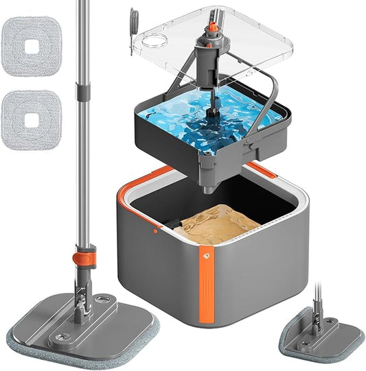 Upgraded Spin Mop and Bucket Set Self-Standing Mop Bucket Separate Dirty and Clean Water System Self Wringing 360° Rotating 90° Foldabl Mops and Buckets for Floor Cleaning (Dark Gray, 2Pads)