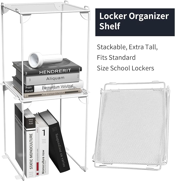 Neudeco Pack 2, Mesh Locker Shelf, Stackable Extra Tall Locker Organizer, Collapsible and Metal Mesh Build, Fits Standard Size, Suitable for School, Work, Kitchen, Bathroom (White)