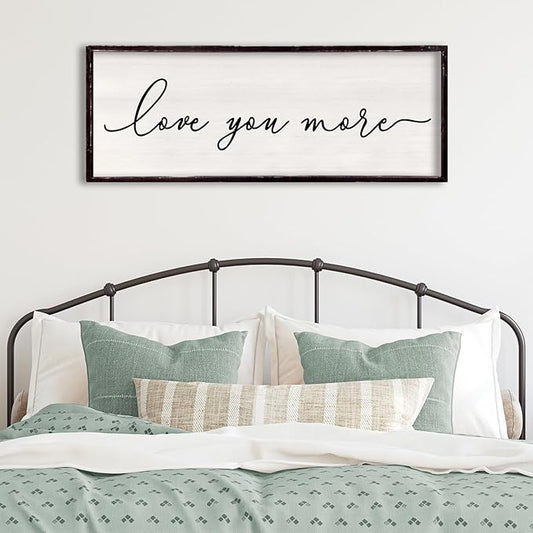 Love You More Above Bed Wall Decor Sign 32"×12" for Master Bedroom Over Bed Large Simple Wood Framed Hanging Wall Art (Black)
