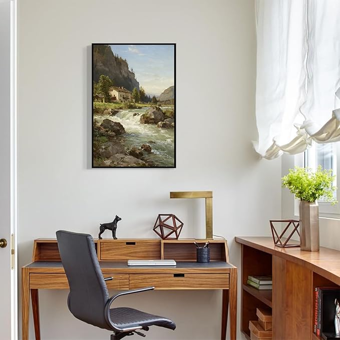 Vintage landscape rural scenery poster art farmhouse cottage wall decor living room kitchen quiet country stream suitable for bedroom bathroom