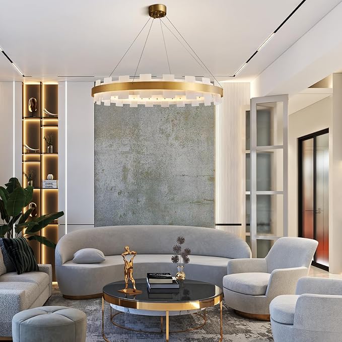 31.5" Natural Spanish Alabaster Round Chandelier, Adjustable Large Chandeliers for Living Room Over Table, Modern Luxury Alabaster Stone Chandelier for Drawing Room, Bedroom, Hallway, Foyer