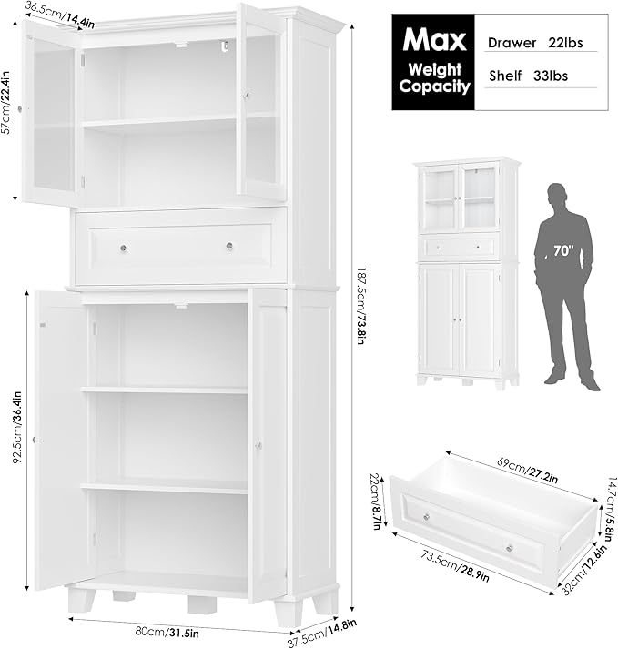76'' Kitchen Pantry Storage Cabinet, Freestanding Kitchen Cupboard with Large Drawer, Doors, and Adjustable Shelves, Bathroom Storage Cabinet for Dining Room, Living Room, Laundry, White