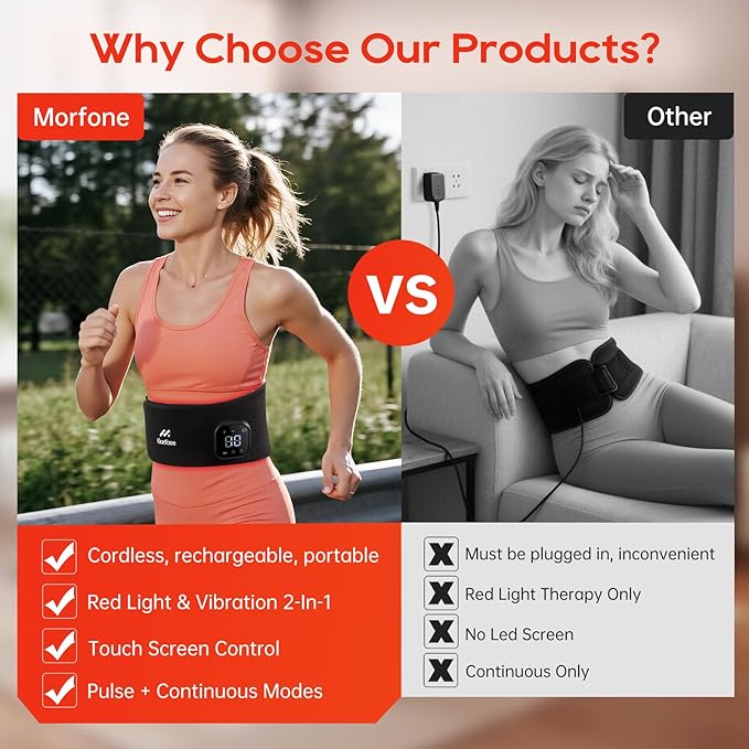 Morfone Red Light Therapy Belt, Cordless Infrared Light Therapy Pad for Body Heating Vibration Rechargeable Waist Wrap with Controller/Timer, 660nm&850nm, for Back Shoulder Muscle Pain Relief