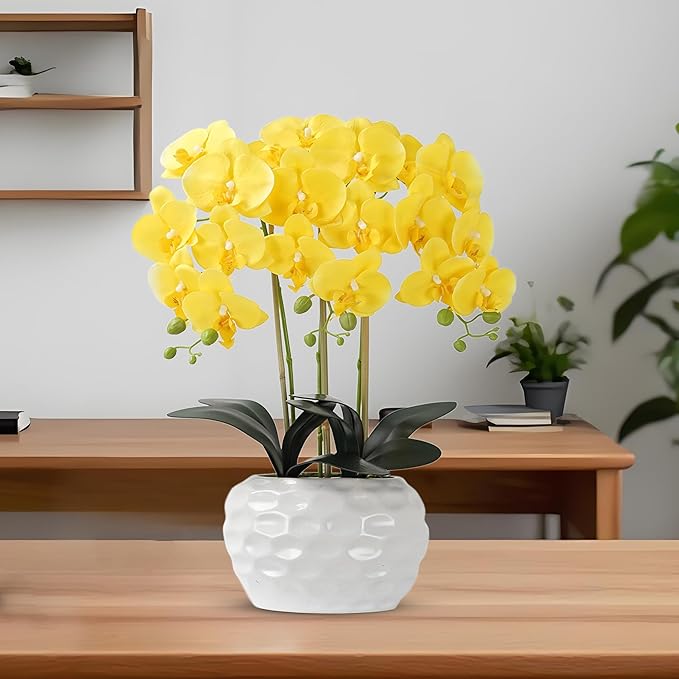 Orchid Artificial Flowers with White Vase Large Silk Faux Phalaenopsis Flowers for Dining Room Table Floral Centerpieces Indoor Decoration,Yellow