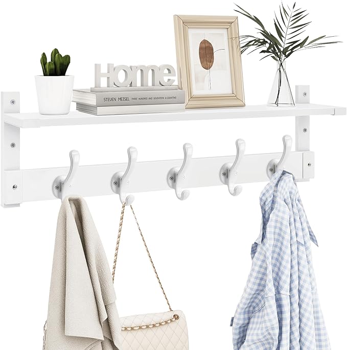 Homode Coat Rack With Wall Shelf, 29" Wooden Entryway Floating Shelf With Hooks Underneath, Hanging Coat Hanger for Bathroom, Living Room, Bedroom, Hallway, White