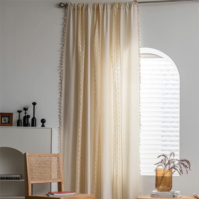 Sutuo Home Boho Curtain Crochet Dots Patchwork Semi-Blackout Bohemian Handmade Tassels, Rod Pocket Window Treatment Vintage Rustic Farmhouse Drapes for Living Bedroom, 1 Panel 59" W x 96" L, Beige