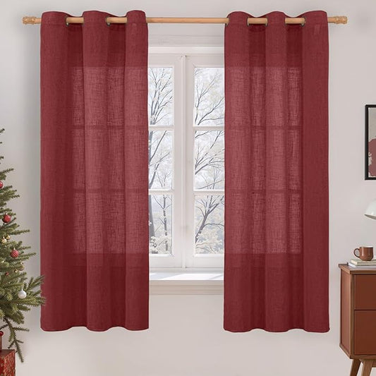 LAMIT Burgundy Red Sheer Linen Curtains 63 Inch Length, Linen Textured Light Filtering Panels Bronze Grommet Christmas Decor Drapes for Bedroom/Living Room, 2 Panels Set, 34 x 63 Inch