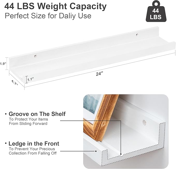 Floating Picture Ledge Shelves 24 Inch Solid Oak Wood Set of 2, Rustic Wall Storage Shelves with Lip, Kids Bookshelf, Photo & Picture Ledge Shelves for Bedroom, Living Room, Kitchen