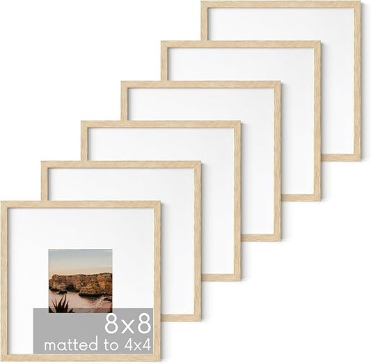 HAUS AND HUES Solid Oak Wood 8”x8” Picture Frames Matted to 4”x4” Set of 6-8x8 Standard Square Picture Frames, Photo Gallery Wall Frame Set, Beige 8x8 Picture Frames Matted (Beige Oak Frames)