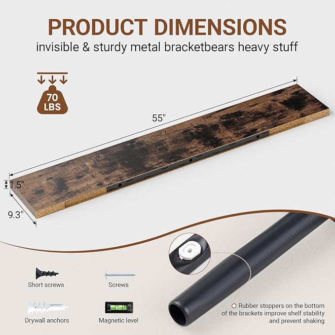 Heimlove 55 Inch Long Floating Shelves for Wall,9.3" Deep Rustic Brown Floating Shelf Set of 2,Large Display Shelf & Storage Shelf,Wall Mounted Shelves for Bedroom Living Room Kitchen Office