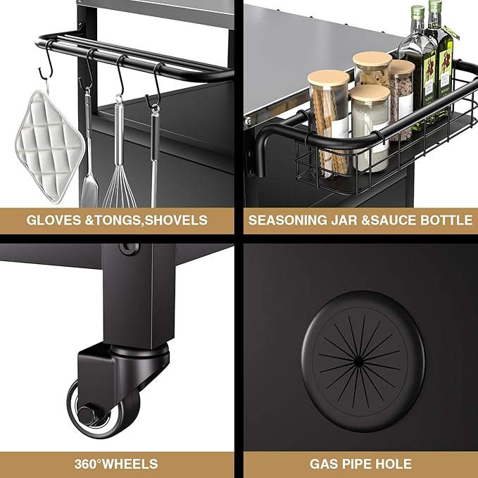 Outdoor Grill Cart with Storage Cabinet, Prep Table with Stainless Steel, BBQ Tables Cart Portable Patio Bar with Lockable Wheels, Movable Kitchen Island for Outside Backyard Patio