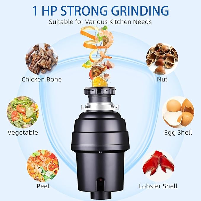 Powerful 1HP Stainless Steel Garbage Disposer, Dishwasher-Friendly and Continuous Feeding Waste Disposer, Grinding Material Four-Stage Grinding, Black