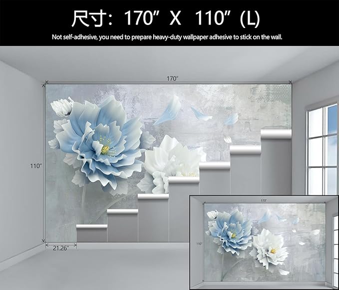 WFBHUA-Blue Floral Wallpaper Mural Modern Peony Flower Wallpaper Large 3D Art Living Room Bedroom Bathroom Wall Mural Decor (Not Peel and Stick)