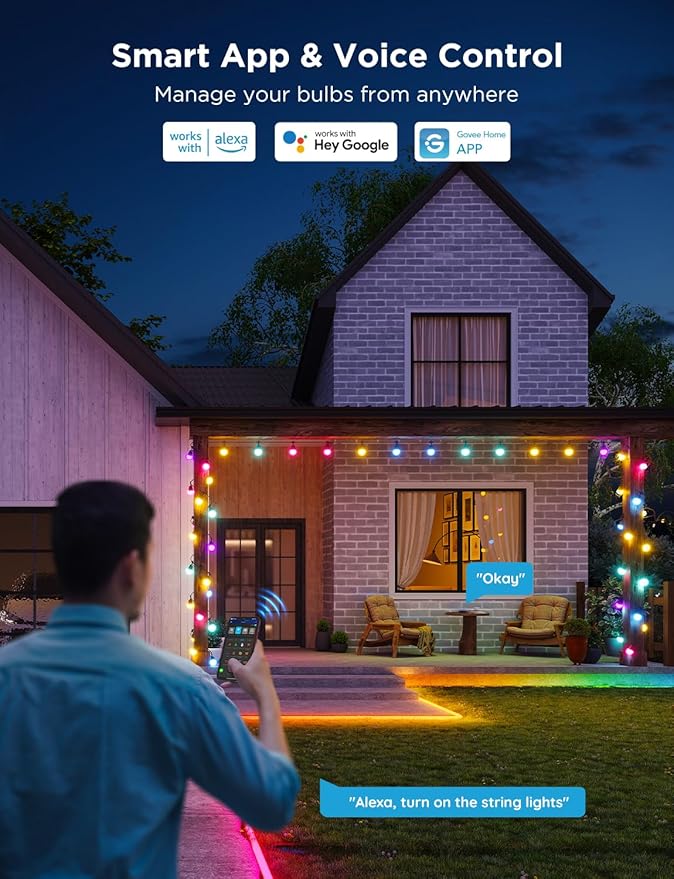 Govee Smart Outdoor String Lights 2, 96ft RGBIC Outdoor Lights with Dimmable Warm White LED Bulbs, 47 Scene Modes for Patio, Backyard, IP65 Waterproof, Works with Alexa, App Control