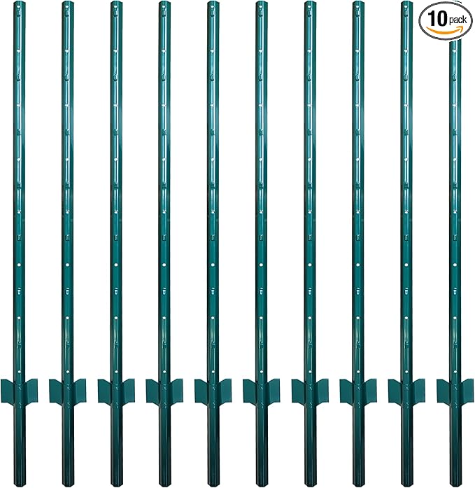 ARIFARO Fence Posts 4.8 Feet Sturdy Duty Metal Fencing Poles, Pack of 10, No Dig Garden U Post for Wire Fencing Steel Post for Yard, Outdoor Wire