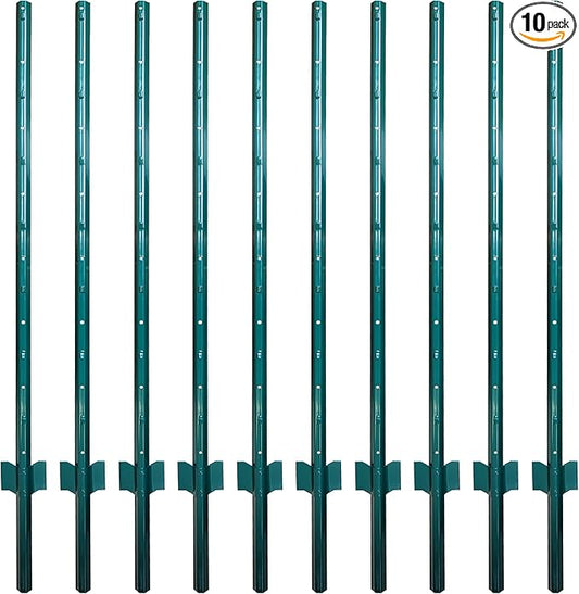 ARIFARO Fence Posts 4.8 Feet Sturdy Duty Metal Fencing Poles, Pack of 10, No Dig Garden U Post for Wire Fencing Steel Post for Yard, Outdoor Wire