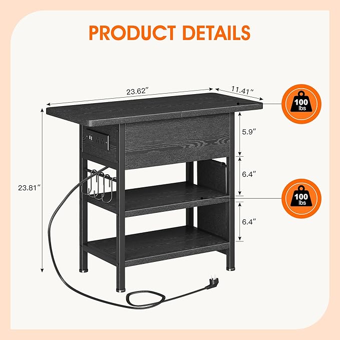 End Table with Charging Station, Flip Top Nightstand with USB Ports and Outlets,Couch Side Table with Fabric Bag and Hooks, Bedside Table for Space Saving, Living Room, Bedroom (Black)