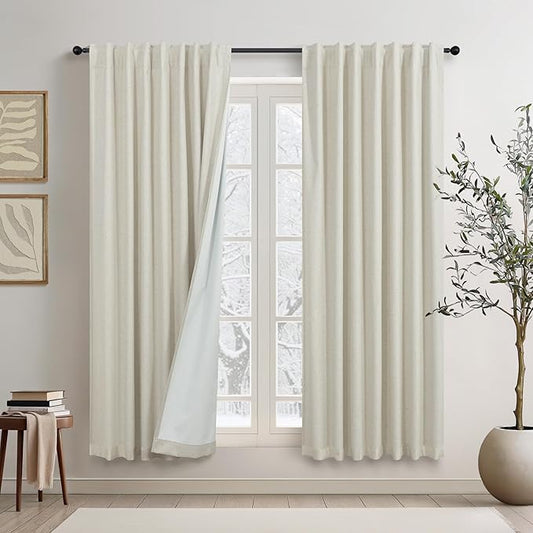 Neutral Burlap Curtains for Living Room 68 Inch Long Beige Closet Curtains for Open Closet Doors Sliding Panels Total Blackout Linen Curtain for Bedroom Aesthetic Light Blocking Viral Drapes