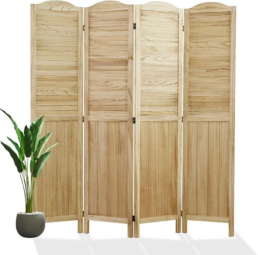 Room Partitions and Dividers, 68.9 Inch Temporary Wall with Double Hinges, Wooden Louver & MDF Stable Screens for Home Office Bedroom Coffeehouse Decoration (4 Panels, Wood Color)