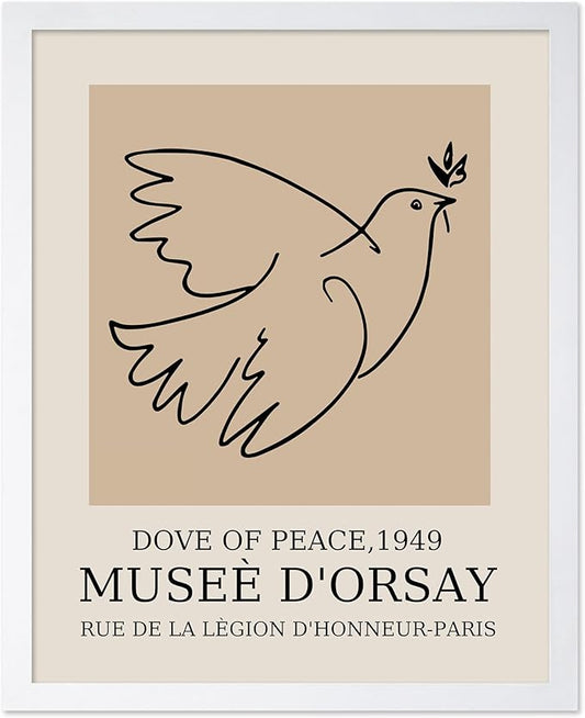 Poster Master Vintage Poster - Retro Minimalist Print - Gift for Artist, Friend - Dove Of Peace, Line Drawing, Sketch, Abstract - Wall Decor for Living Room, Bedroom, 8x10 White Framed