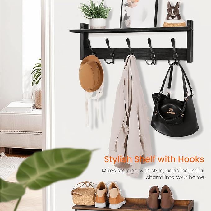 Homode Coat Rack with Shelf, 24" Coat Hooks Wall Mounted with Shelf, Wooden Hanging Coat Hanger with Tri Hooks for Entryway, Bathroom, Mudroom, Bedroom, Black