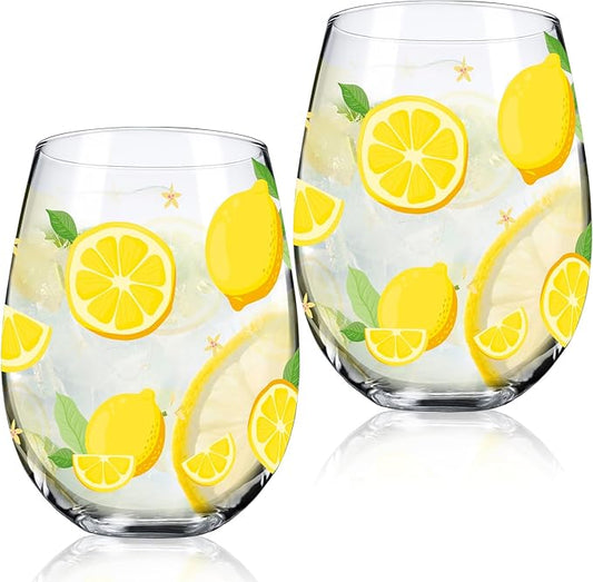 Sliner 2 Pack Lemon Stemless Wine Glasses 17oz Lemon Drinking Glasses Clear Stemless Wine Tumbler Unique Gift for Wedding, Mother's Day Birthday Drinking Party
