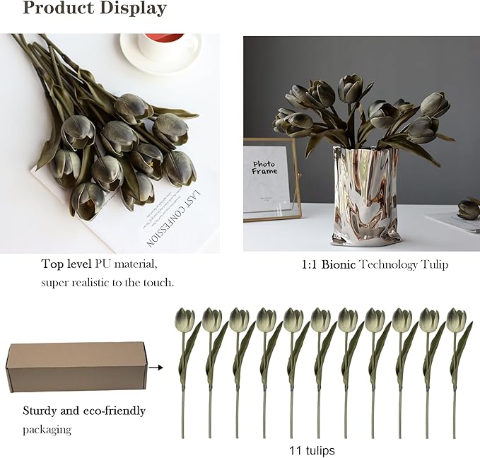 Buart Black-Coffee Flowers Artificial Luxury Big Tulip Valentine's Day Mother's Day Easter Home Kitchen Wedding Decorations(11pcs)
