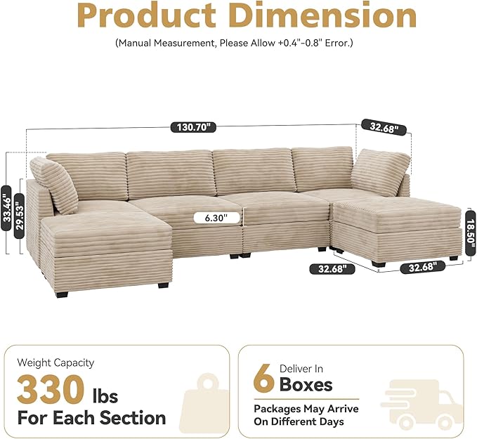 Modular Sectional Sofa, 130.7 Inch U Shaped Couch Set for Living Room, 4-Seater Comfy Cloud Couches with Two Movable Ottoman, DIY Combination, Plush Corduroy, Beige