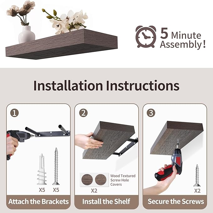 LaVie Home Floating Shelves, 24 Inch Wall Shelf Set of 2, Hanging Shelf with Invisible Brackets, Wall Decor for Bathroom, Bedroom, Living Room, Kitchen Storage, Rustic Brown