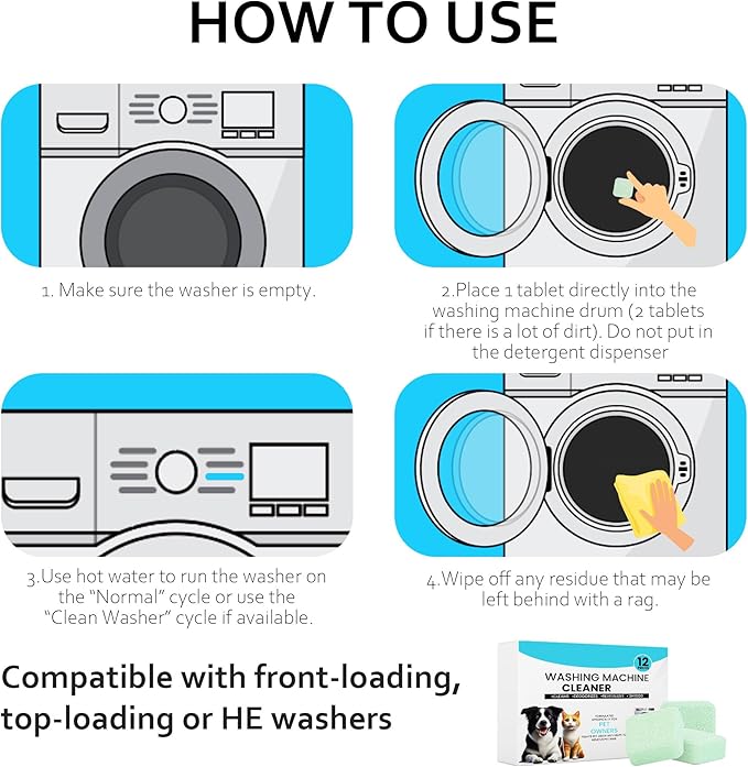 Washing Machine Cleaner 48 Pack-24 Month Supply,Cleaning Tablets Formulated for Pet Owners for He,Easy Pet Hair Remover for Laundry.Top & Front Load Washer.Septic Safe.