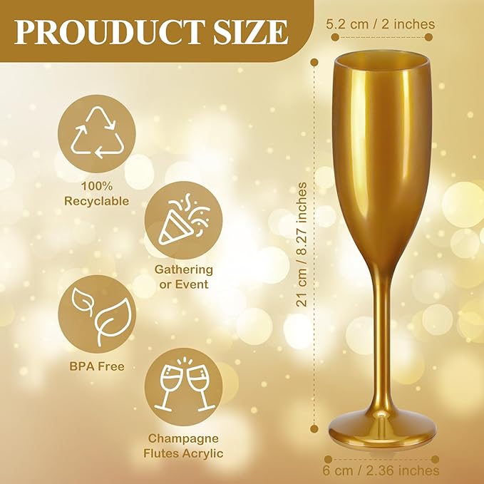 XUWAIDSGN Acrylic Champagne Flutes Toasting Glasses Unbreakable Mimosa Bar Reusable Wine Glasses Vintage Champagne Flutes Stemmed Drinking Cups 5.4 OZ for Christmas Birthday (24, Gold)