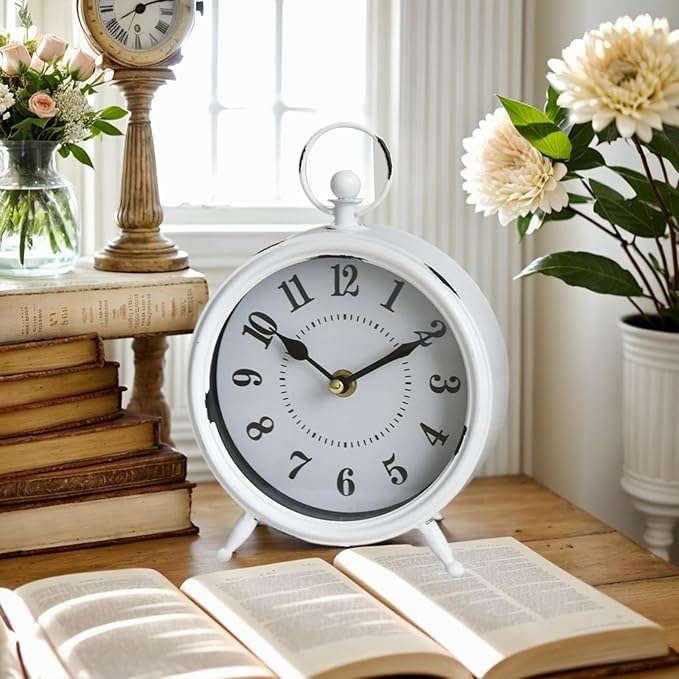 Small white table clock Vintage Rustic White Table Clock on Stand, Decorative Desk and Shelf Clock Farmhouse Mantel Clock Rustic Non-Ticking Clock