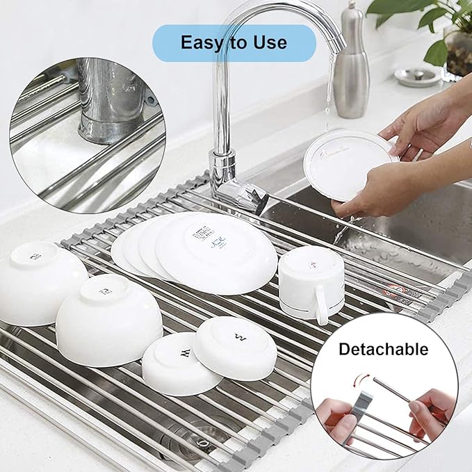 Searik Over The Sink Dish Drying Rack, Roll up Sink Dish Drainer Rack Foldable Kitchen Stainless Steel Dish Rack Sink Drying Rack (17.7"x 11.8")