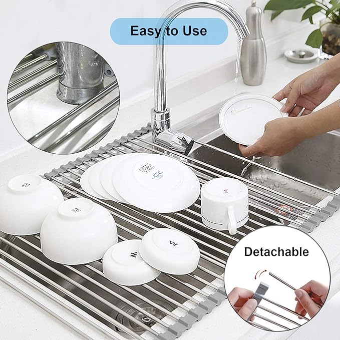 Searik Roll up Dish Drying Rack, Over The Sink Rolling Dish Drainer Rack Multipurpose Foldable Kitchen Stainless Steel Dish Rack Sink Drying Rack for Kitchen Sink Counter (17"x 15.7")
