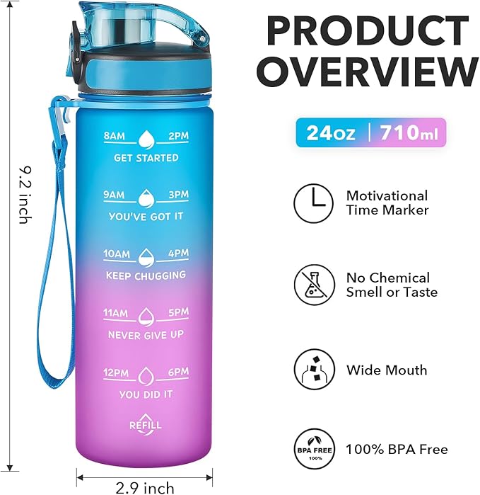 Enerbone Water Bottle, Leakproof BPA & Toxic Free, Motivational Water Bottle with Times to Drink and Straw, Fitness Sports Water Bottle with Strap for Office, Gym, Outdoor Sports